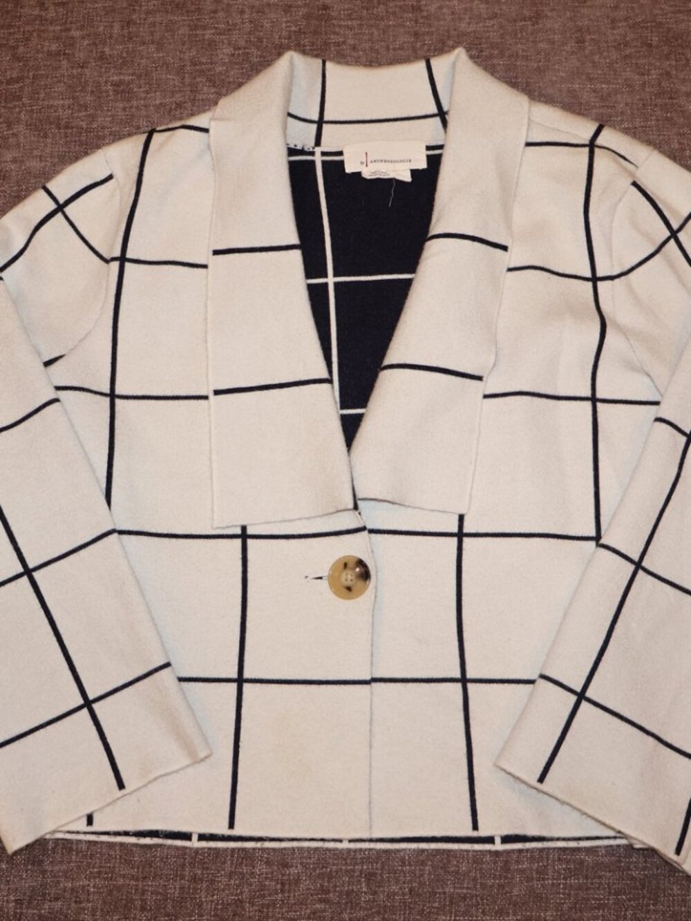 Anthropologie Ivory Navy Windowpane Knit Sweater Blazer Size M